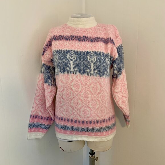 VTG 80s 90s Pastel Pink Spunky Crewneck Knit Sweater Turtleneck Cosby Snowflake - Picture 1 of 15